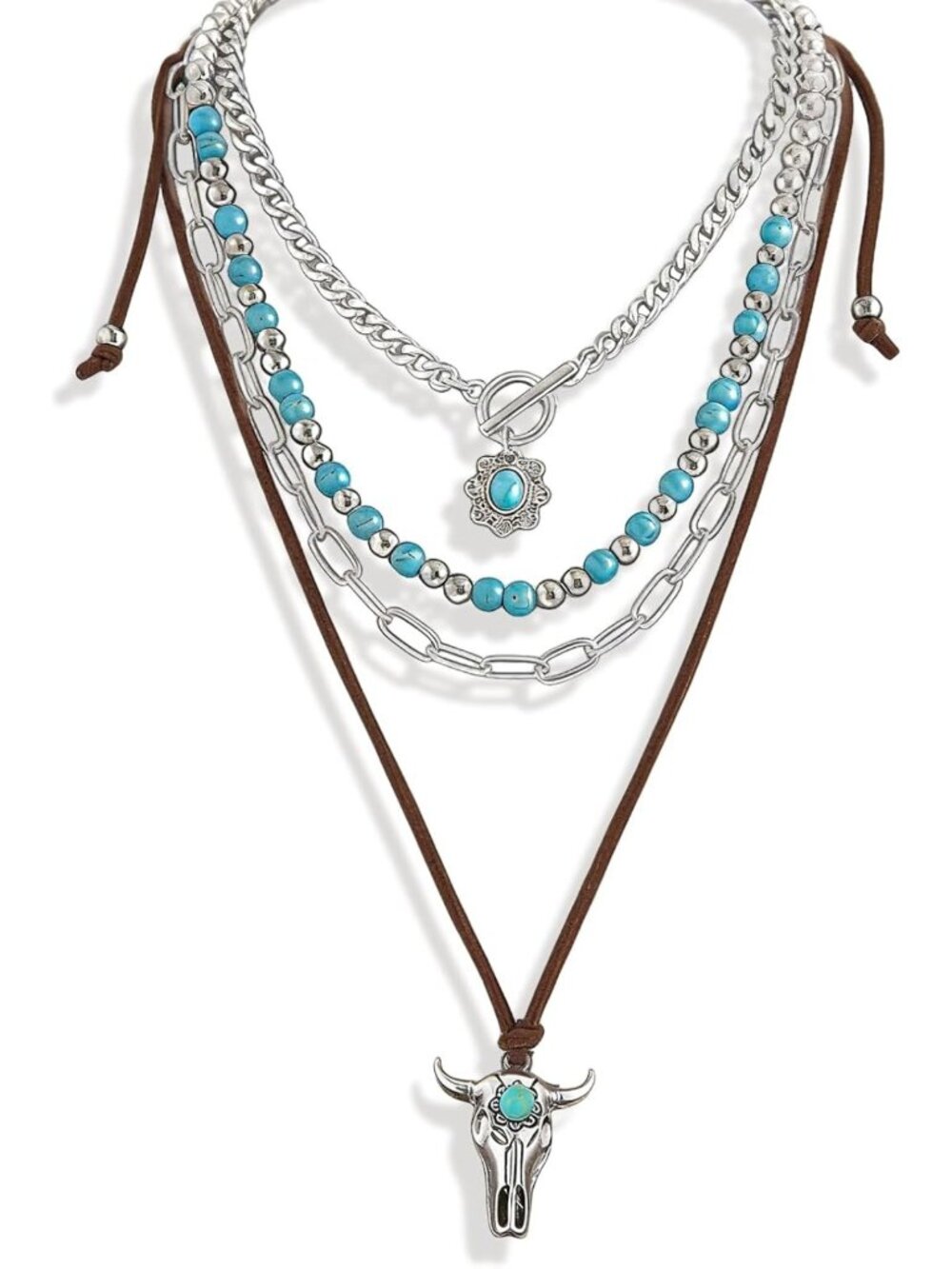 Boho Layered Turquoise Charm Necklace for Women | Ox-head Pendant & Beaded